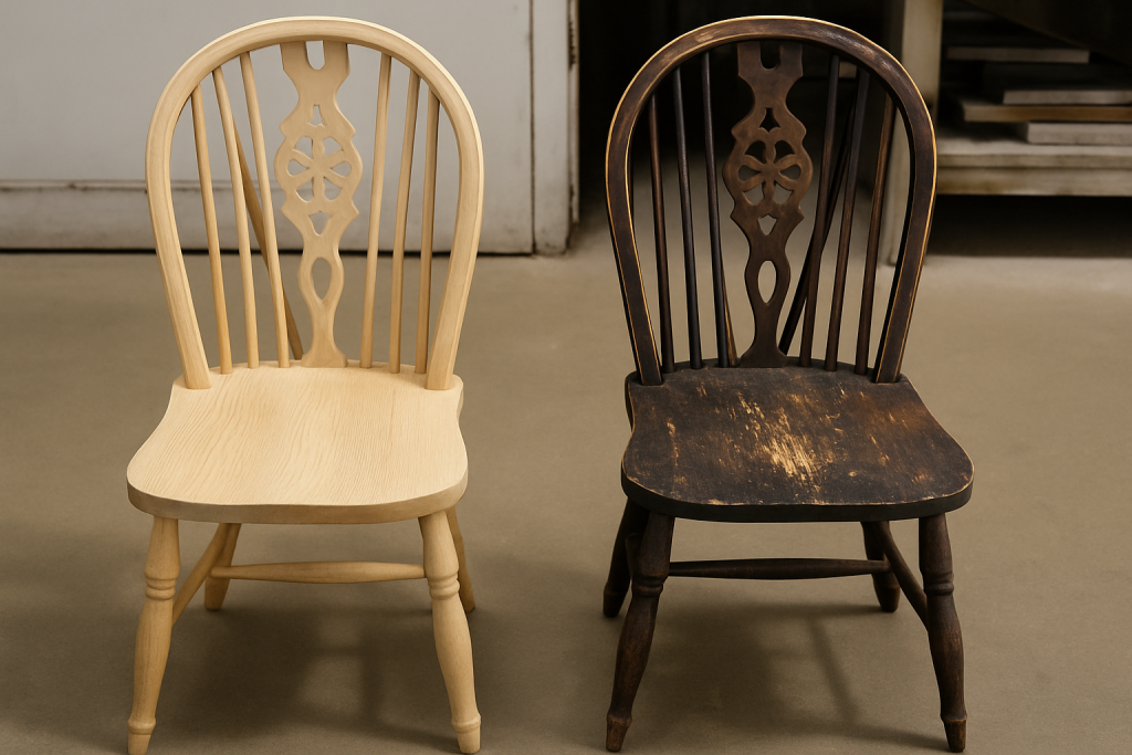 M&M Painting Contractors performs Baking Soda Blasting, here they have an example of the blasting performed on the left wooden chair showing the before and after when compared to the right chair.